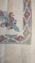 Tiraz Kashmiri pashmina ghutra, oatmeal base with a pale aqua and raspberry corner motif and a geometric border