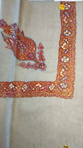 Zereshk Kashmiri pashmina ghutra, oatmeal base with a burnt orange and raspberry corner motif and border