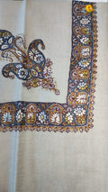 Ghawwas Kashmiri pashmina ghutra, oatmeal base with a navy corner motif and border of ivory and pale blue flowers with mustard leaves