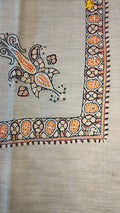 Hudhud Kashmiri pashmina ghutra, oatmeal base with an apricot orange corner motif and border, outlined in black and ivory