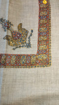 Safarjal Kashmiri pashmina ghutra, oatmeal base with a golden mustard corner motif and a brick red border of gold ovals