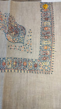 Bulbul Kashmiri pashmina ghutra, oatmeal base with a teal and rust corner motif and a teal border of saffron and rust rosettes