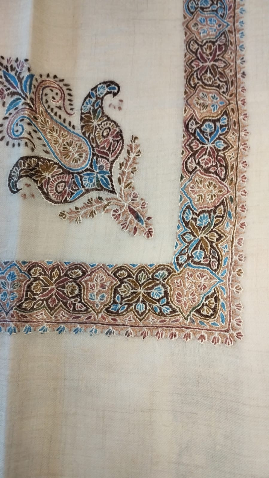 Misk Kashmiri pashmina ghutra, cream base with a dark brown, sky blue and mauve corner motif and border