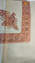 Iwan Kashmiri pashmina ghutra, oatmeal base with a blush coral and maroon corner motif and arched border