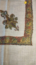 Nakhl Kashmiri pashmina ghutra, oatmeal base with an olive and mustard corner motif and a mustard and rust border