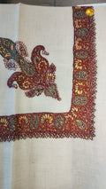Khunaizi Kashmiri pashmina ghutra, cream base with a deep maroon corner motif and border, with olive and yellow accents