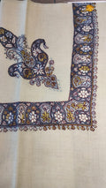Uqhuwan Kashmiri pashmina ghutra, cream base with a navy corner motif and a navy border of ivory flowers and olive leaves