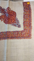Hamra Kashmiri pashmina ghutra, oatmeal base with a crimson corner motif and border, with orange and periwinkle blue