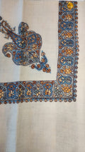 Ufuq Kashmiri pashmina ghutra, cream base with a cerulean blue and amber corner motif and border