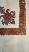 Kumait Kashmiri pashmina ghutra, cream base with a rust copper and maroon corner motif and a border of amber medallions