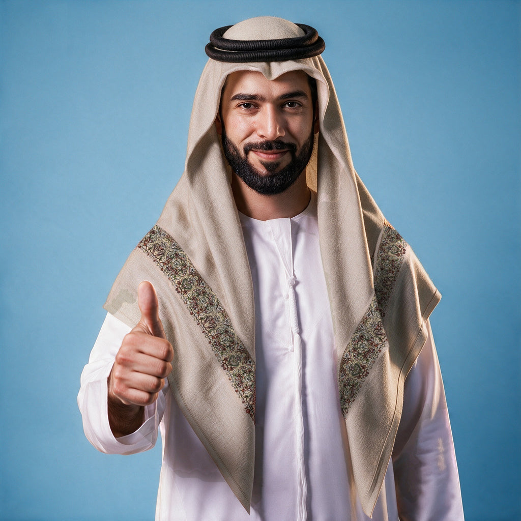 Man wearing the Sindiyan Qalam Kaari Super Turma Kashmiri semi pashmina in light taupe greige with a black agal and white thobe, dense olive, rust and pale gold multicolour pen-work border on each front end