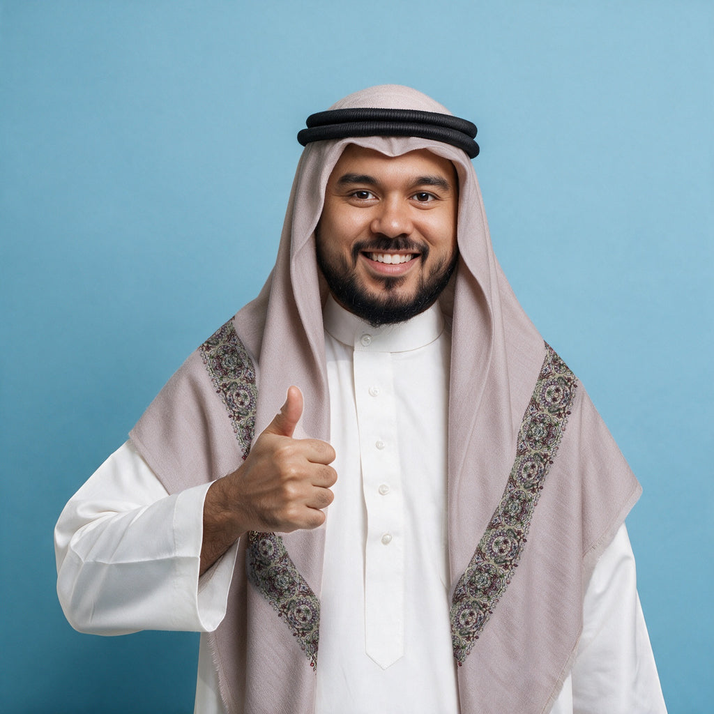 Man wearing the Sorme Qalam Kaari Super Turma Kashmiri semi pashmina in pale rose-grey with a black agal and white thobe, dense charcoal, olive, rose and pale gold multicolour pen-work border on each front end