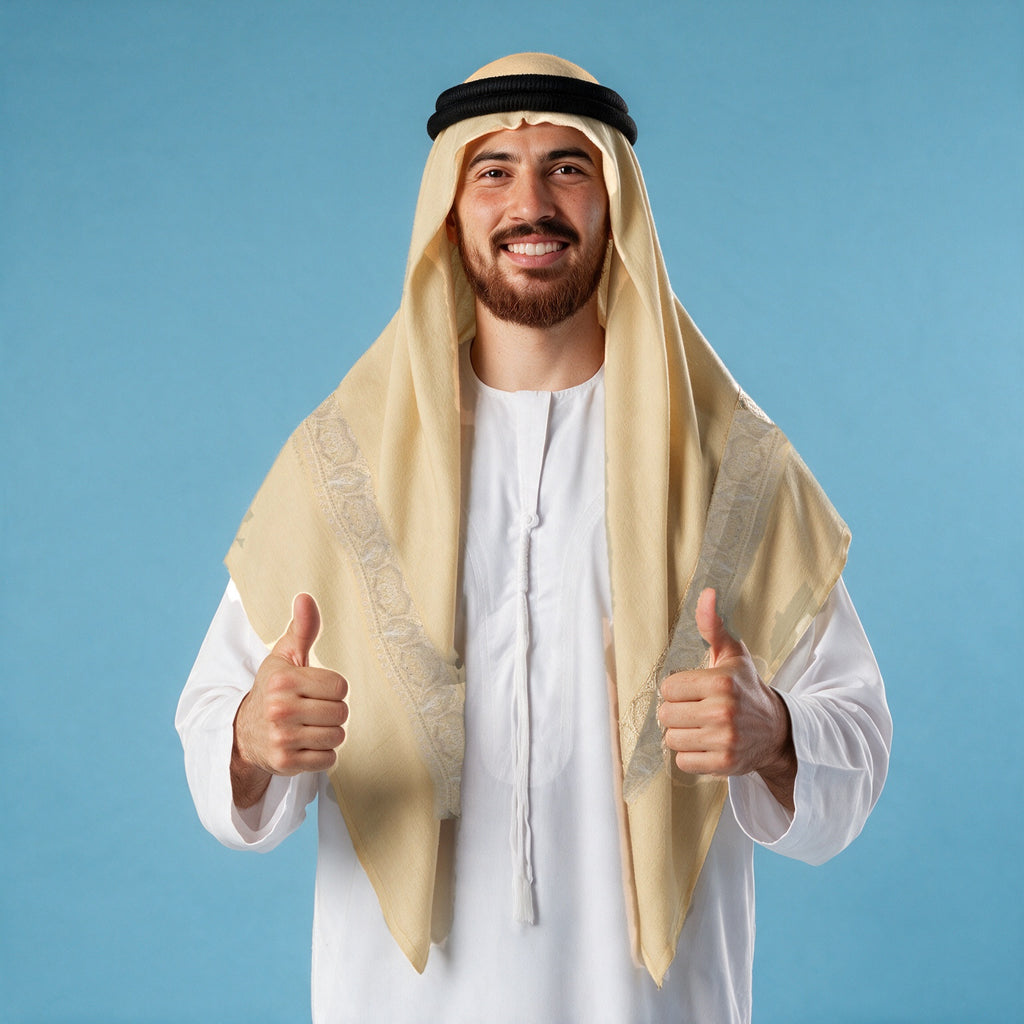 Man wearing the Shabnam Qalam Kaari Super Turma Kashmiri semi pashmina in pale golden cream with a black agal and white thobe, pale silver tone-on-tone pen-work border on each front end