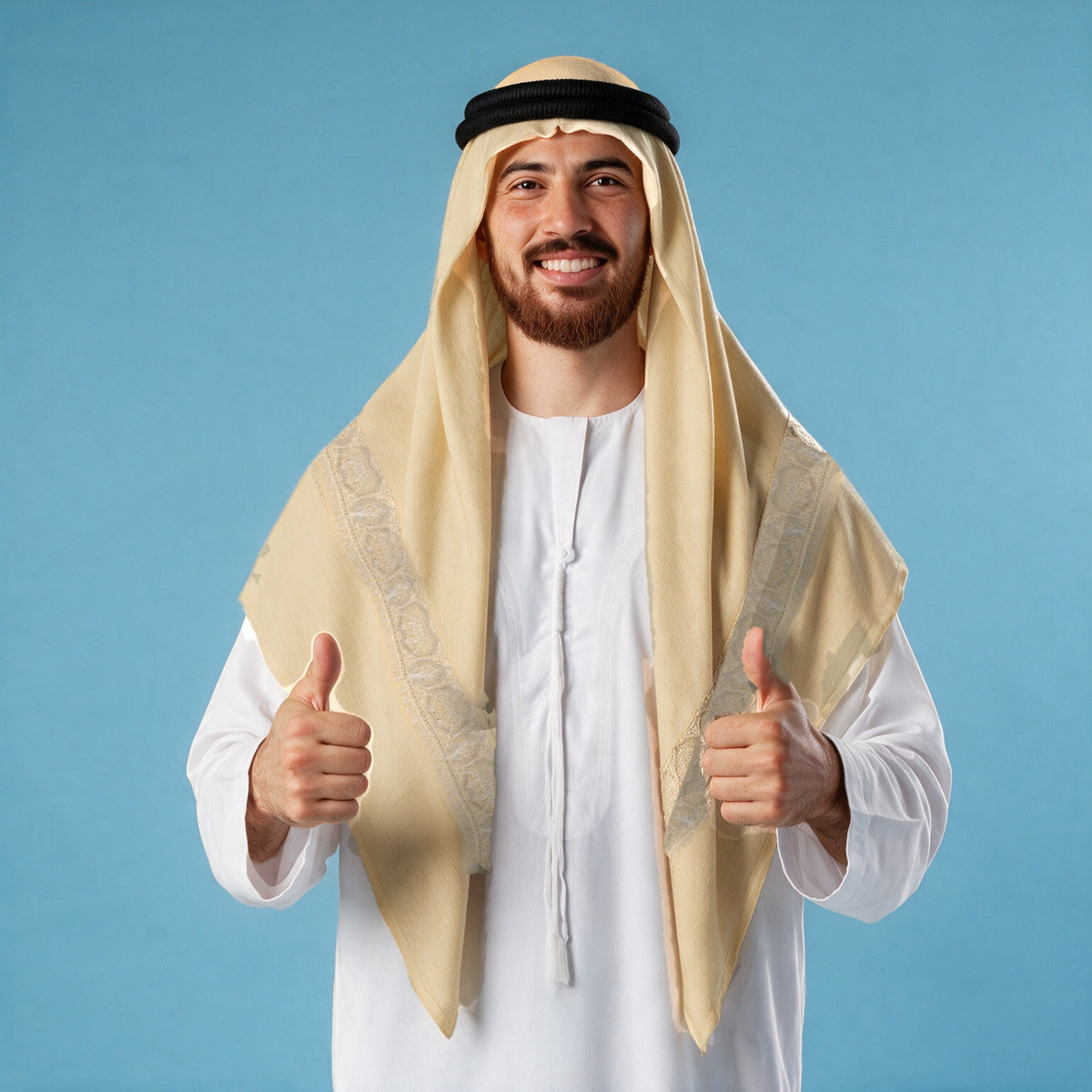 Man wearing the Shabnam Qalam Kaari Super Turma Kashmiri semi pashmina in pale golden cream with a black agal and white thobe, pale silver tone-on-tone pen-work border on each front end