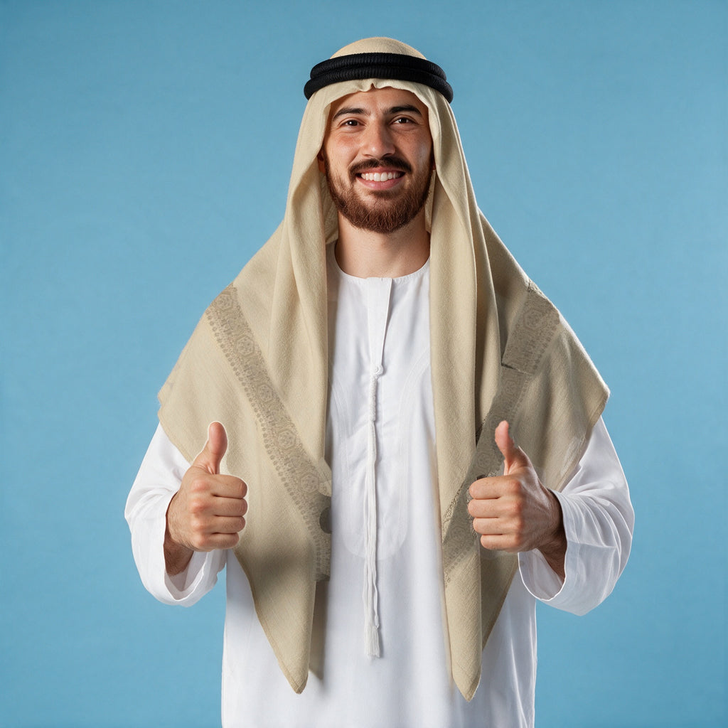 Man wearing the Ghubar Qalam Kaari Super Turma Kashmiri semi pashmina in pale sand cream with a black agal and white thobe, very subtle tonal greige pen-work border on each front end