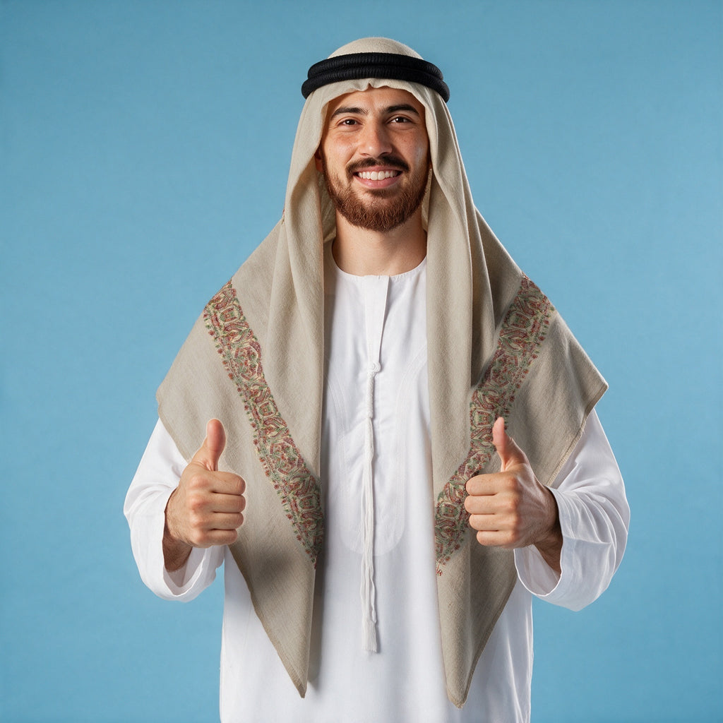 Man wearing the Shaqaiq Qalam Kaari Super Turma Kashmiri semi pashmina in light greige with a black agal and white thobe, rust red, olive green and cream multicolour pen-work border on each front end