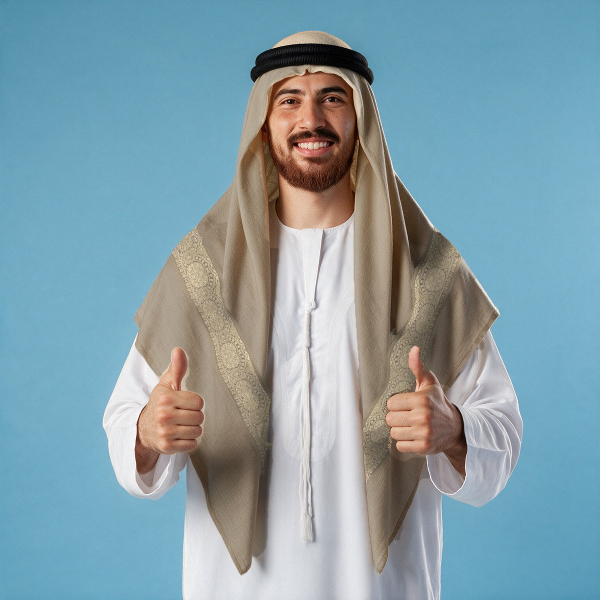 Man wearing the Zarrin Qalam Kaari Super Turma Kashmiri semi pashmina in warm beige with a black agal and white thobe, pale gold and cream pen-work border on each front end