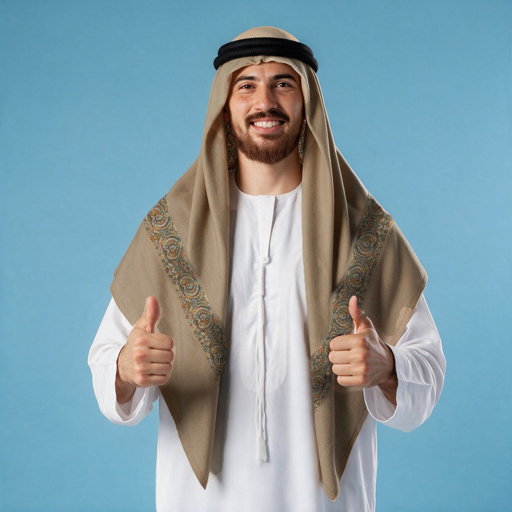 Man wearing the Ghadir Qalam Kaari Super Turma Kashmiri semi pashmina in warm camel beige with a black agal and white thobe, coral, mustard gold, navy and white multicolour pen-work border on each front end