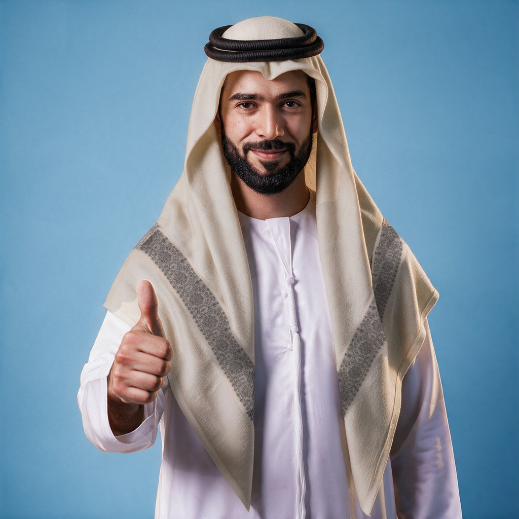 Man wearing the Hadeed Qalam Kaari Super Turma Kashmiri semi pashmina in soft warm ivory with a black agal and white thobe, steel graphite pen-work border on each front end