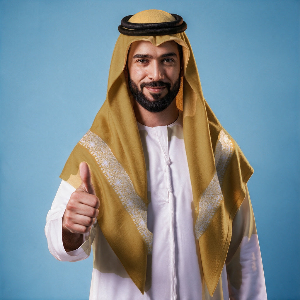 Man wearing the Duha Qalam Kaari Super Turma Kashmiri semi pashmina in mustard ochre with a black agal and white thobe, ivory white pen-work border on each front end