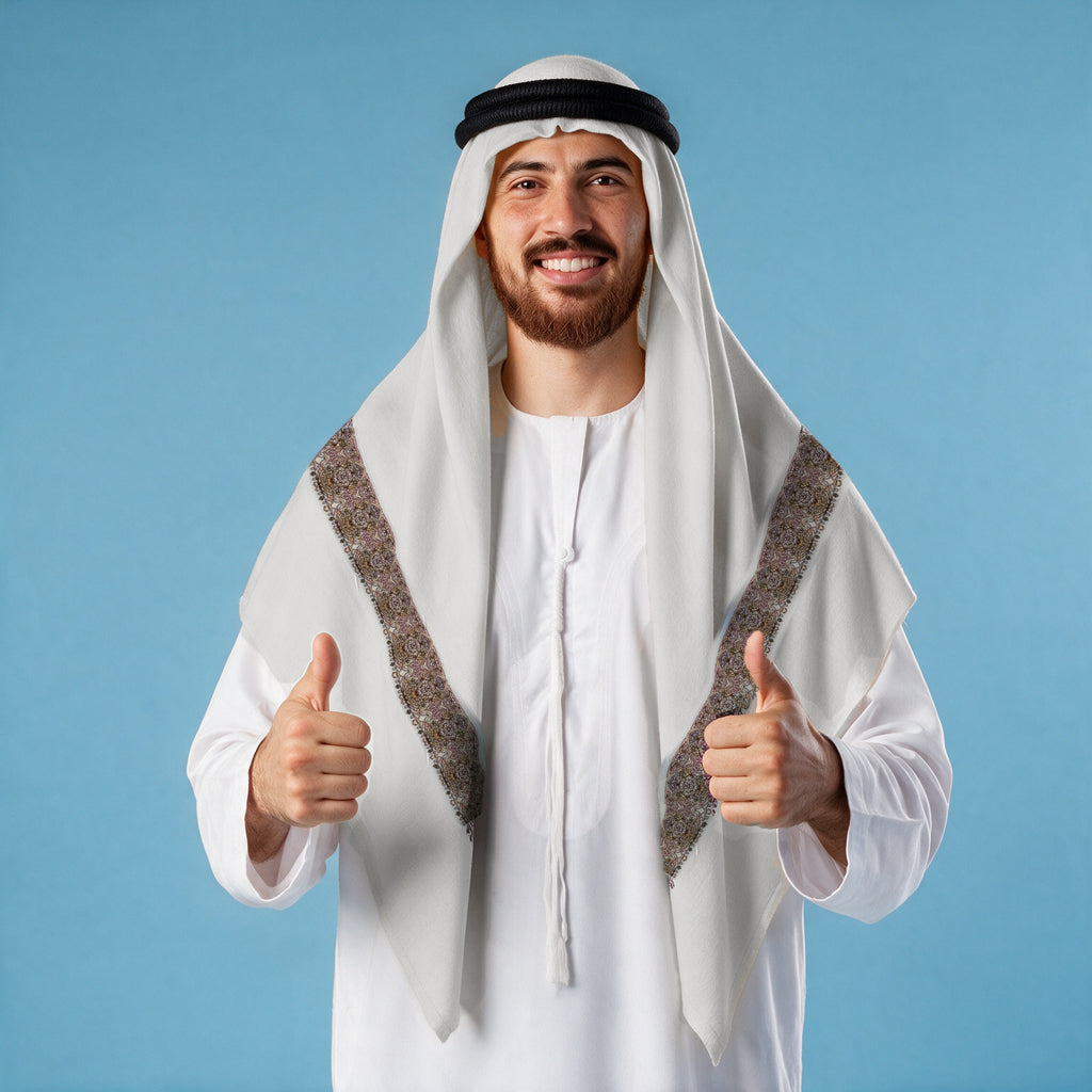 Man wearing the Khuzama Qalam Kaari Super Turma Kashmiri semi pashmina in soft natural white with a black agal and white thobe, dense plum brown, mauve pink, gold and olive multicolour pen-work border on each front end