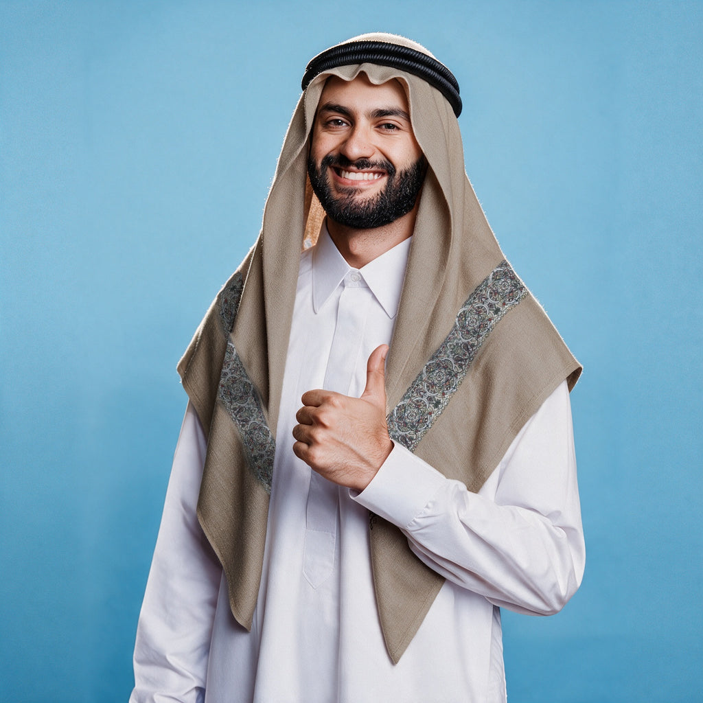 Man wearing the Dukhan Qalam Kaari Super Turma Kashmiri semi pashmina in light taupe with a black agal and white thobe, dense charcoal, silver and ivory pen-work border on each front end
