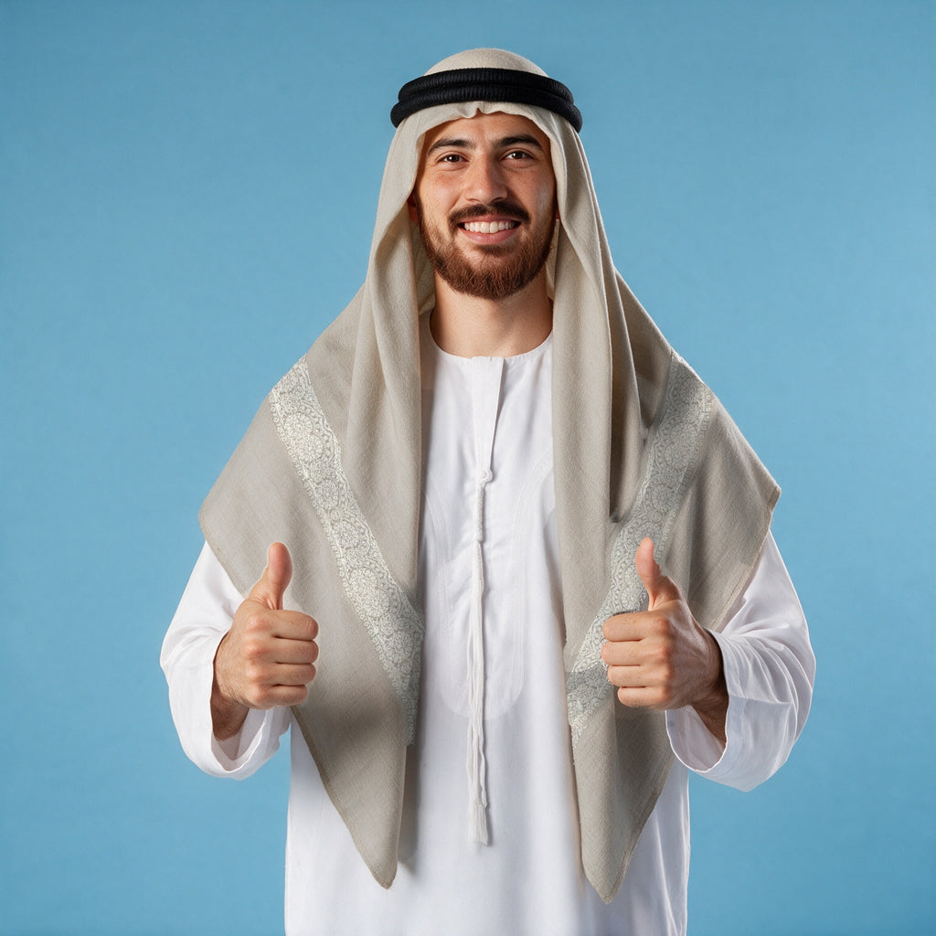 Man wearing the Fajr Qalam Kaari Super Turma Kashmiri semi pashmina in pale greige with a black agal and white thobe, white tone-on-tone pen-work border on each front end