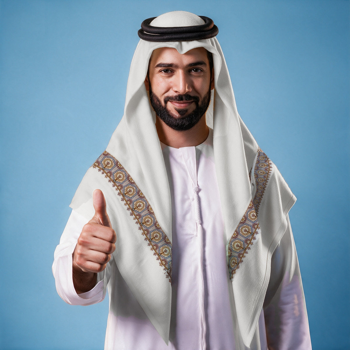 Man wearing the Qashani Qalam Kaari Super Turma Kashmiri semi pashmina in soft natural white with a black agal and white thobe, sky blue, gold and maroon hexagonal medallion pen-work border on each front end