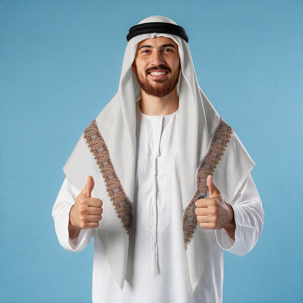 Man wearing the Asjad Qalam Kaari Super Turma Kashmiri semi pashmina in soft natural white with a black agal and white thobe, maroon, gold and silver-grey hexagonal medallion pen-work border on each front end