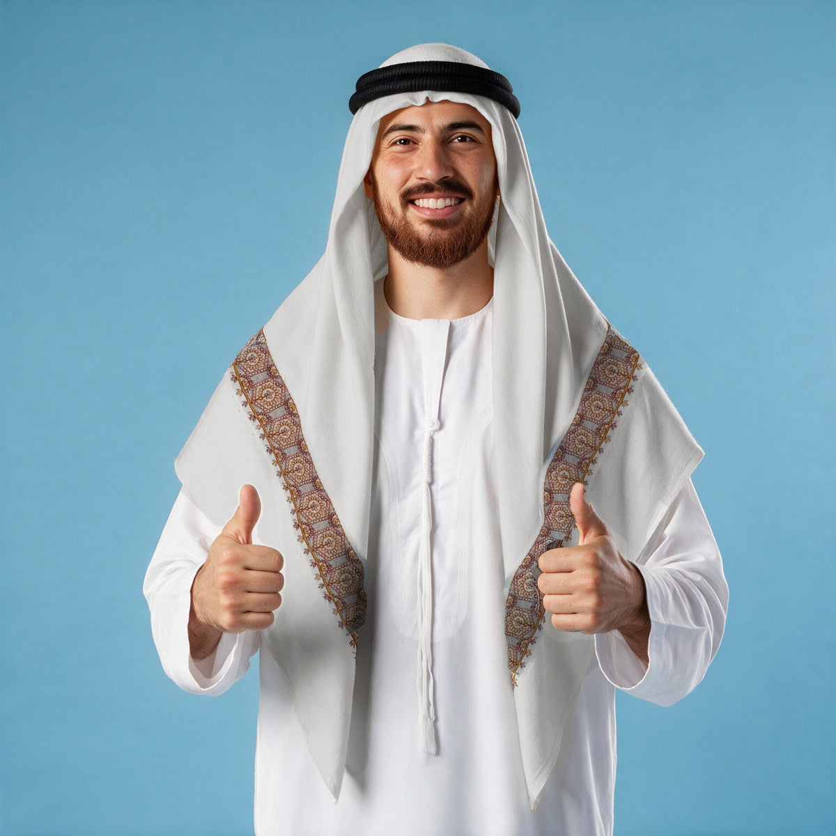 Man wearing the Asjad Qalam Kaari Super Turma Kashmiri semi pashmina in soft natural white with a black agal and white thobe, maroon, gold and silver-grey hexagonal medallion pen-work border on each front end