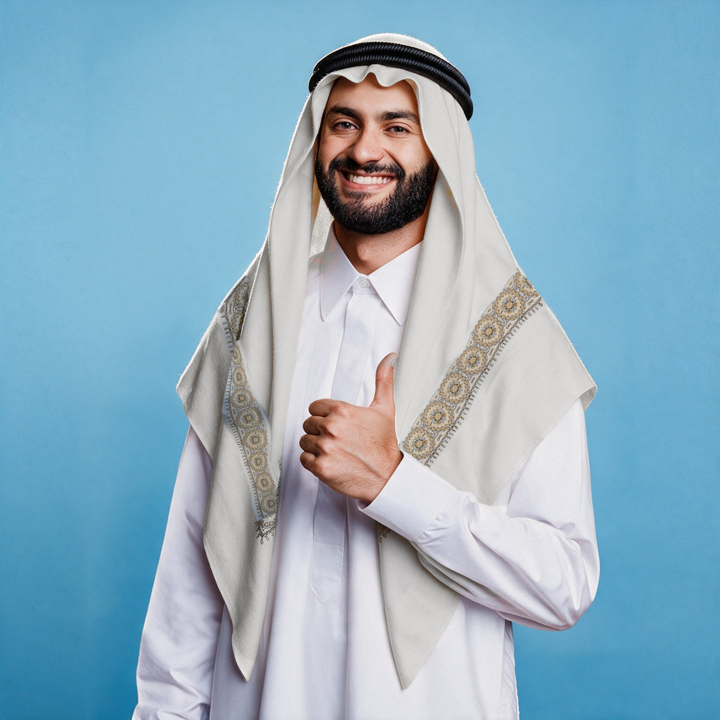 Man wearing the Falak Qalam Kaari Super Turma Kashmiri semi pashmina in soft natural white with a black agal and white thobe, pale gold, charcoal and soft blue-grey pen-work border on each front end