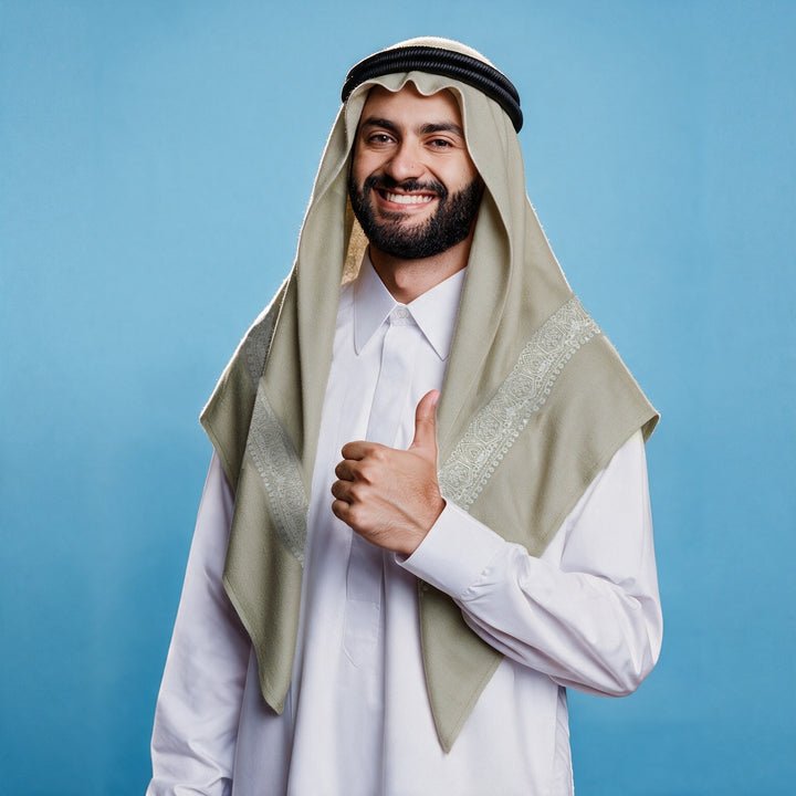 Man wearing the Sabz Qalam Kaari Super Turma Kashmiri semi pashmina in soft sage green with a black agal and white thobe, white pen-work border on each front end