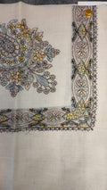 Hikaya Qalam Kaari Pashmina laid flat, blush pink, yellow and grey-blue floral bouquet corner motif and interlaced ribbon border on a natural oatmeal ground