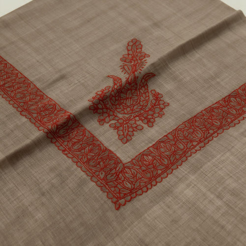 Fukhar Kashmiri pashmina ghutra with brick red corner motif and chevron sozni border on a mushroom greige ground