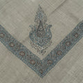 Fulaadh Kashmiri pashmina ghutra with a slate blue paisley tree corner motif and a broad slate blue rosette border