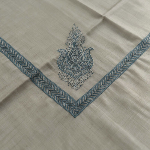 Fulaadh Kashmiri pashmina ghutra with steel blue corner motif and chevron sozni border