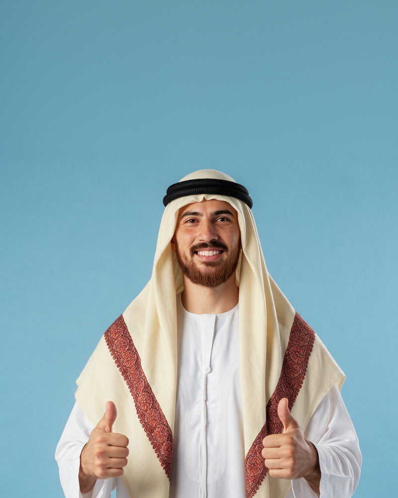 Man wearing an Imperial Kashmiri pashmina ghutra with a black agal and white thobe