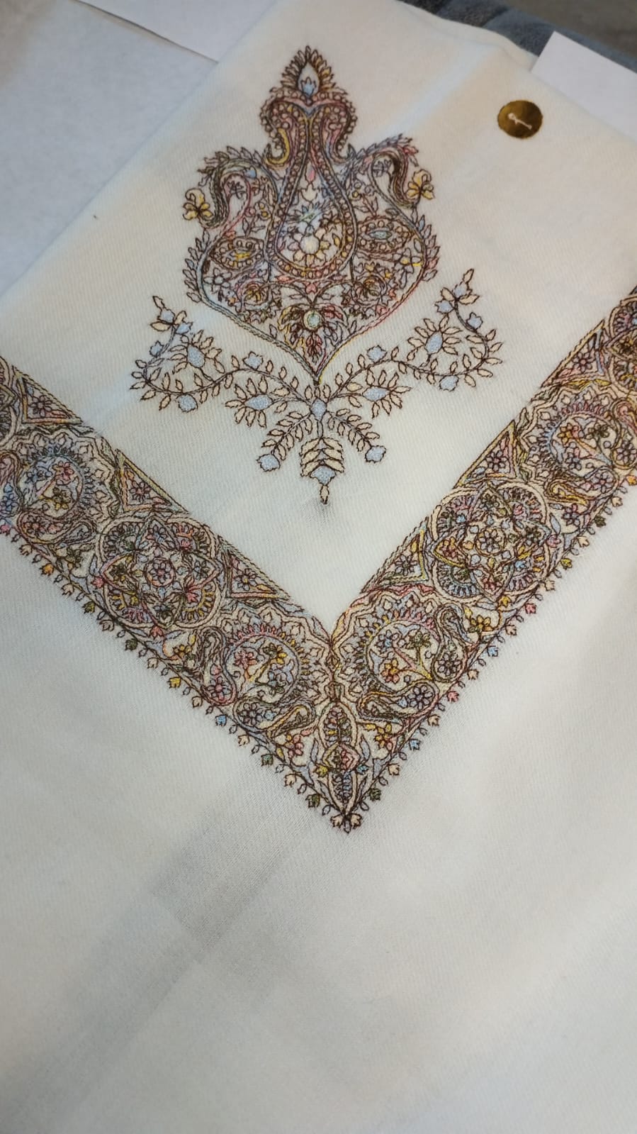 Ajwa Qalam Kaari Super Turma Kashmiri semi pashmina with dense dark brown, pastel pink, blue and gold multicolour corner motif and border