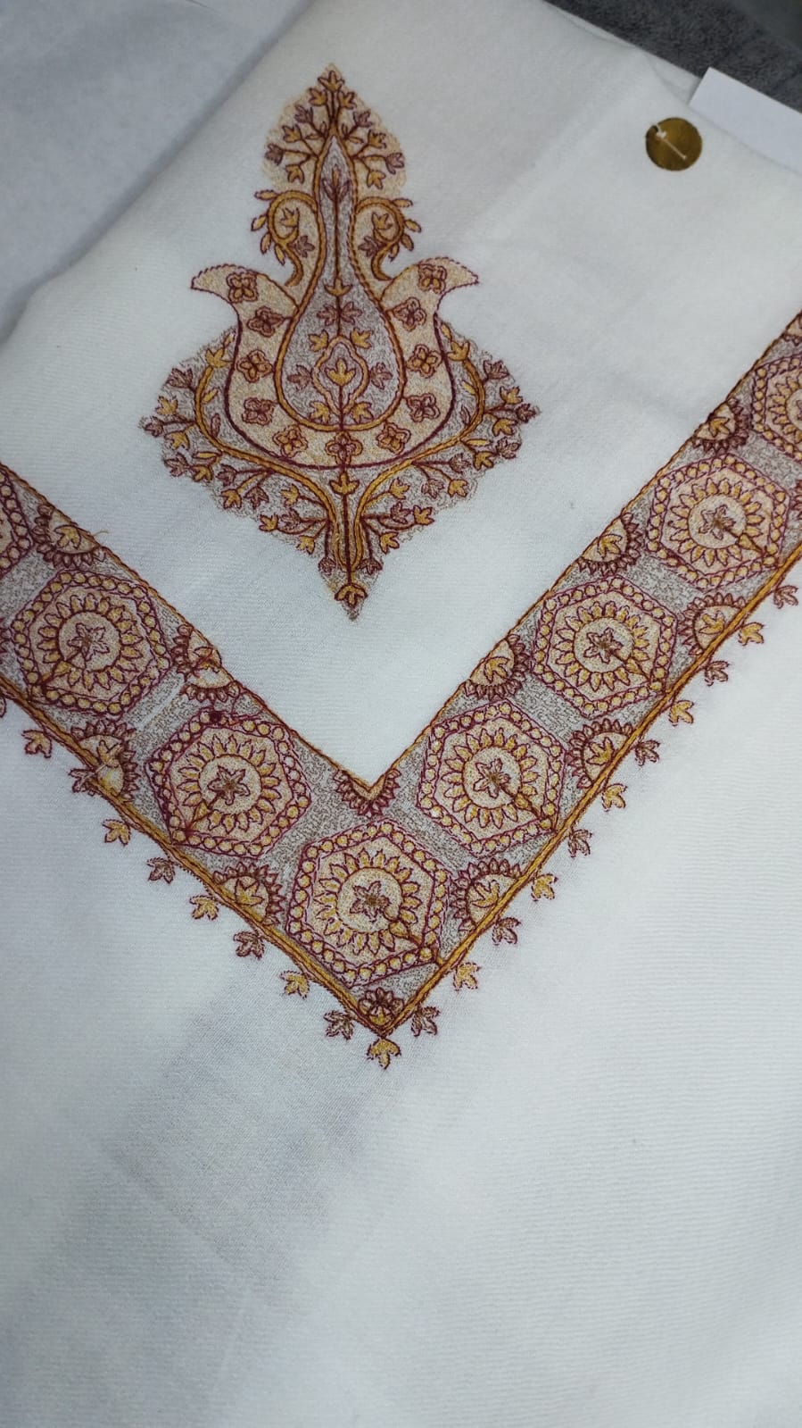 Asjad Qalam Kaari Super Turma Kashmiri semi pashmina with a maroon and gold corner motif and a maroon, gold and silver-grey hexagonal medallion border