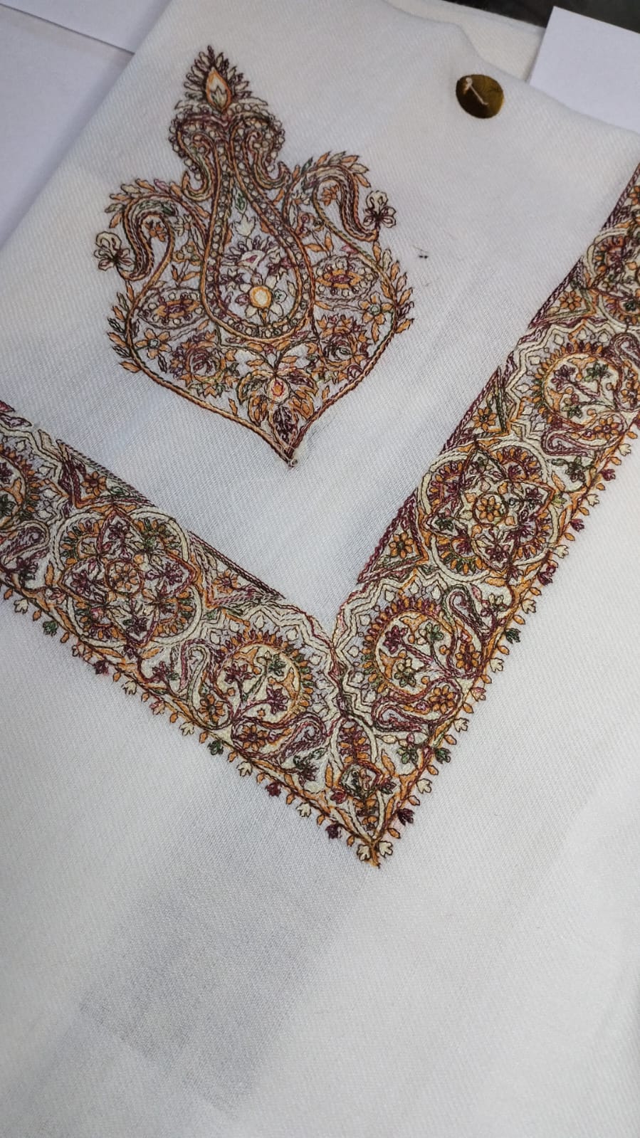 Asmar Qalam Kaari Super Turma Kashmiri semi pashmina with dense maroon, amber gold and olive corner motif and border