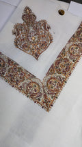 Asmar Qalam Kaari Super Turma Kashmiri semi pashmina with dense maroon, amber gold and olive corner motif and border