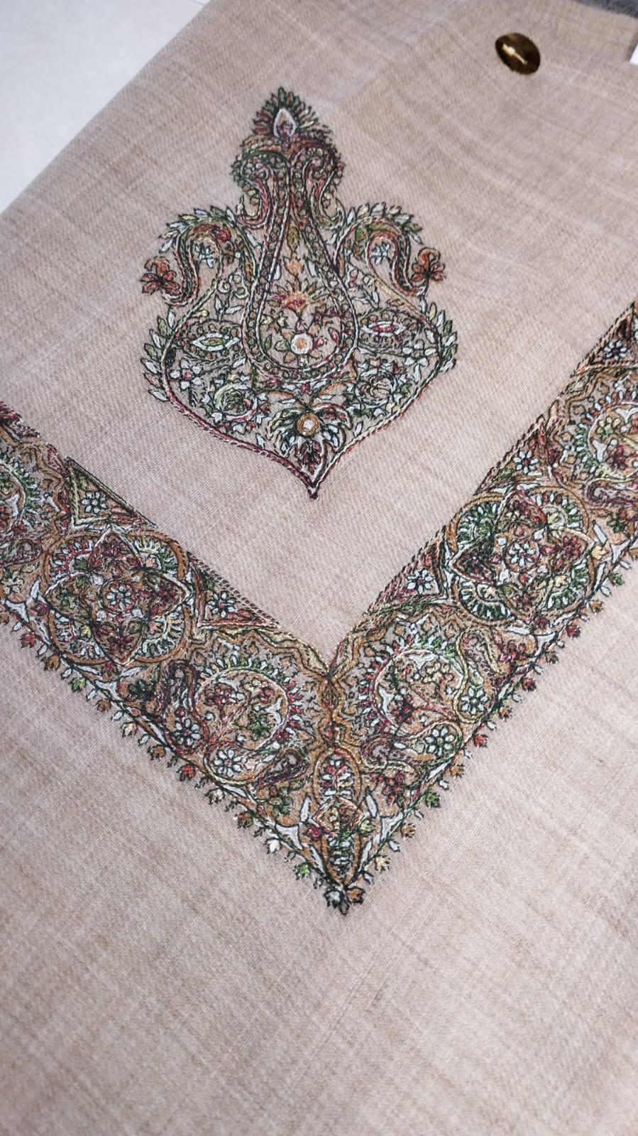 Atiq Qalam Kaari Super Turma Kashmiri semi pashmina with antique multicolour corner motif and dense border