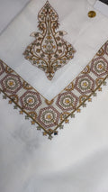 Bahar Qalam Kaari Super Turma Kashmiri semi pashmina with a gold, sage green and dusky rose corner motif and hexagonal medallion border