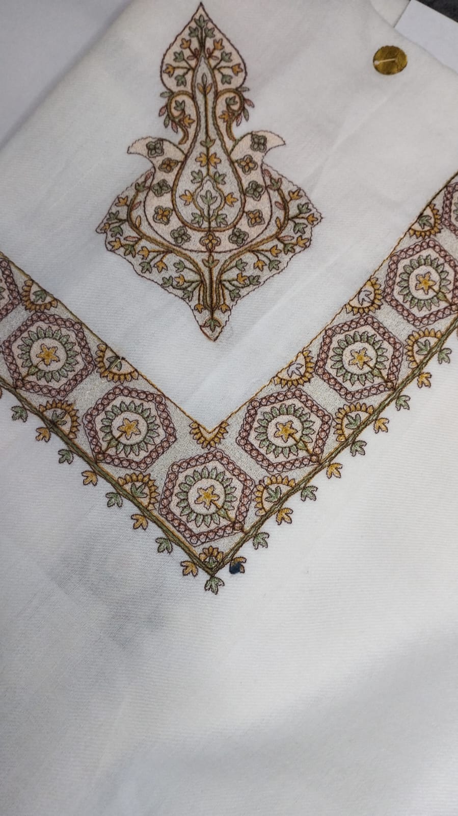 Bahar Qalam Kaari Super Turma Kashmiri semi pashmina with a gold, sage green and dusky rose corner motif and hexagonal medallion border