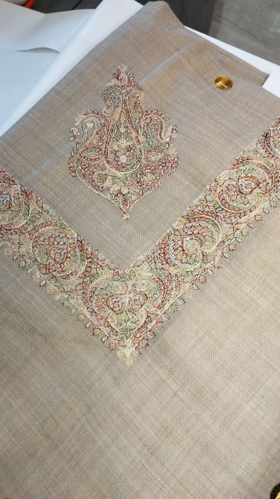 Busad Qalam Kaari Super Turma Kashmiri semi pashmina with coral and rust multicolour corner motif and border