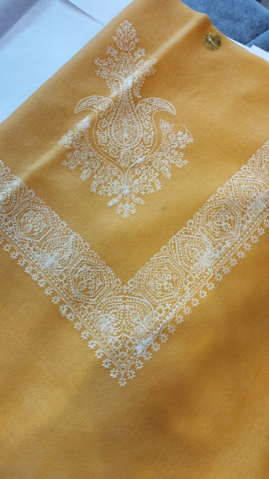 Duha Qalam Kaari Super Turma Kashmiri semi pashmina with ivory white corner motif and border on a mustard ochre ground