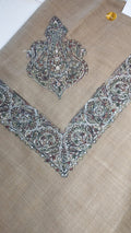 Dukhan Qalam Kaari Super Turma Kashmiri semi pashmina with charcoal and silver dense corner motif and border