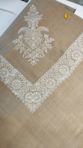 Durra Qalam Kaari Super Turma Kashmiri semi pashmina with ivory white corner motif and border on a camel ground