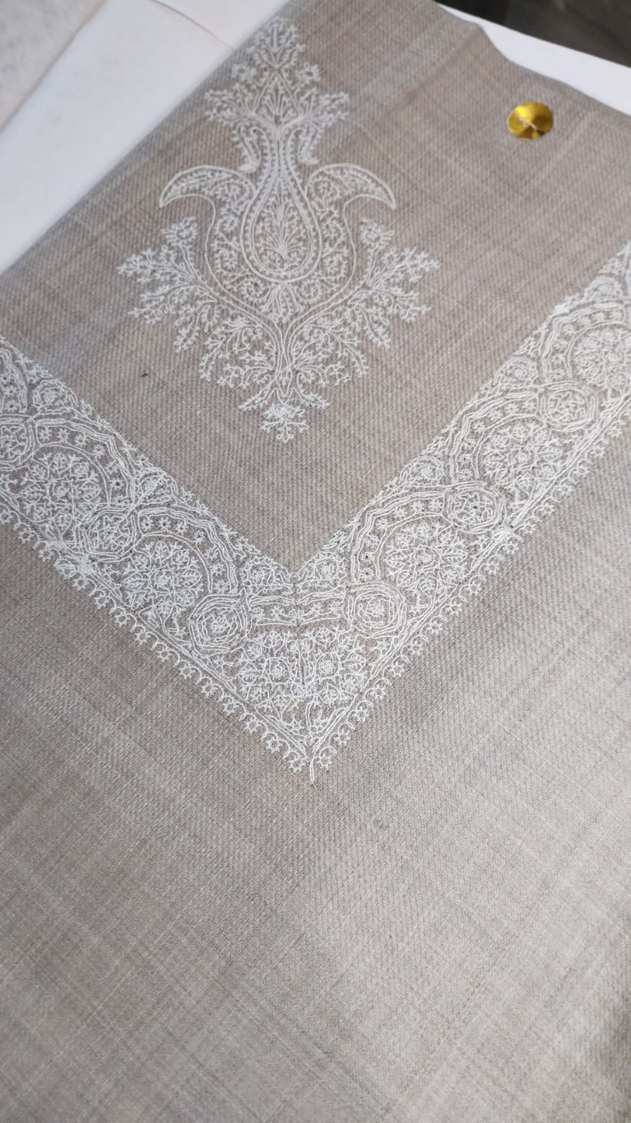 Fajr Qalam Kaari Super Turma Kashmiri semi pashmina with white corner motif and border, tone on tone