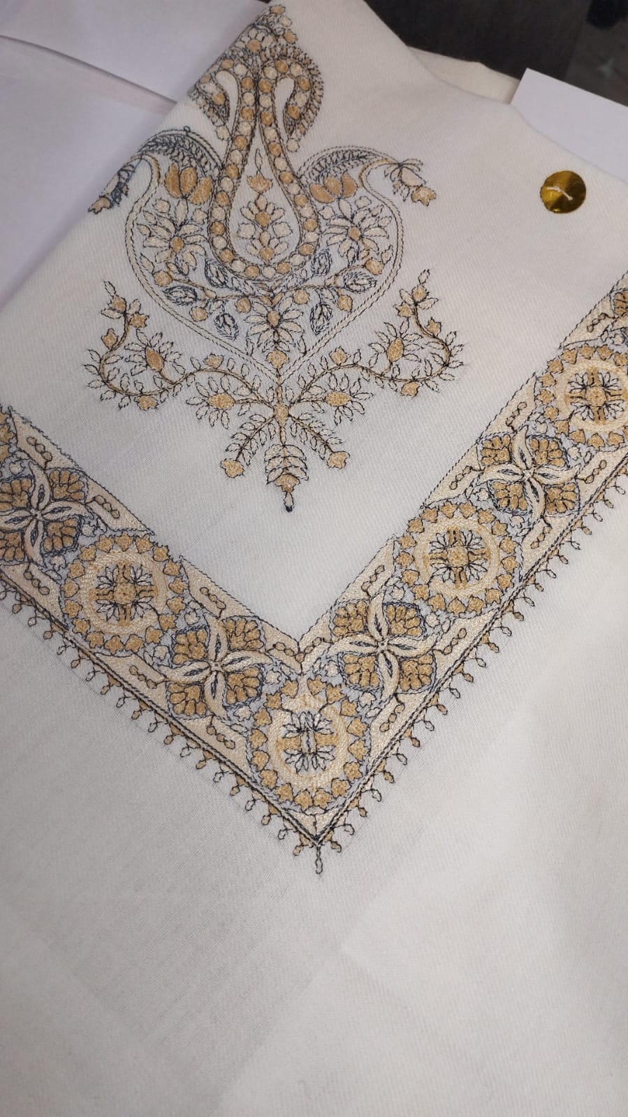 Falak Qalam Kaari Super Turma Kashmiri semi pashmina with pale gold and blue corner motif and border